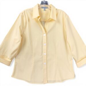 Foxcroft Yellow Button Up Shirt Sz 16 Non Iron Fitted 3/4 Sleeve Work Blouse
